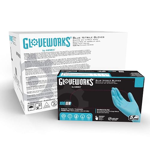 GLOVEWORKS Blue Disposable Nitrile Industrial Gloves, 5 Mil, Latex & Powder-Free, Food-Safe, Textured, Small, Case of 1000