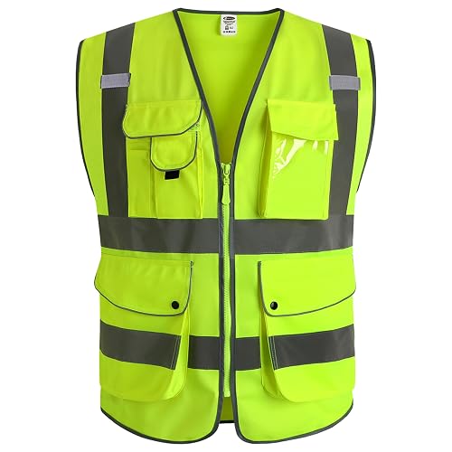 JKSafety Safety Vest for Men Women Reflective Hi Vis JK150 Yellow XL | ANSI Class 2, 9 Pockets, 4 Reflective Strips High Visibility Lightweight Constructions & Outdoor Activities