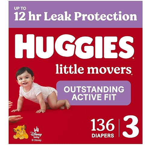 Huggies Little Movers Diapers Size 3, 136 Count | Double Grip Strips, Blowout Protection, Secure Flexible Fit, Up to 12-Hour Protection, Dry Touch Liner, Wetness Indicator