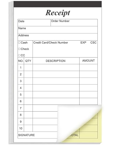 Invoice Receipt Book with Cardboard 2-Part Carbonless, 4" x 6" Order Forms, 50 Sheets Carbonless Sales Invoice Book for Small Business