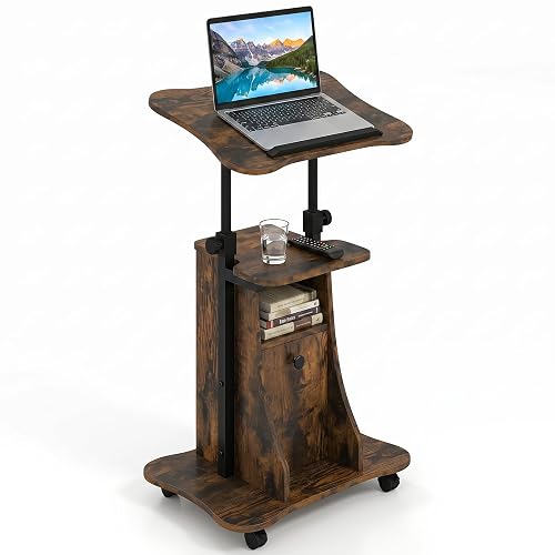 Tangkula Rolling Lectern Podium Stand, Height Adjustable Laptop Table with Tilting Tabletop & Storage Shelves, Compact Standing Desk with Lockable Casters for Home Office School (Rustic Brown)