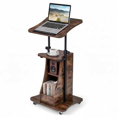 Tangkula Mobile Lectern Podium, Height Adjustable Podium Stand, Sit-to-Stand Desk with Tilting Tabletop & Storage Shelves, Rolling Laptop Cart Desk with Lockable Casters for Home Office School