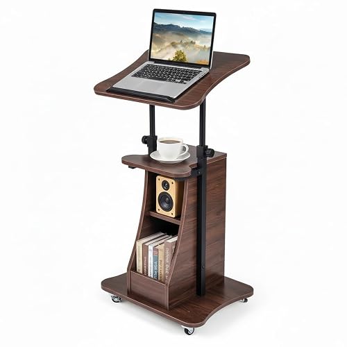 Tangkula Mobile Lectern Podium, Height Adjustable Podium Stand, Sit-to-Stand Desk with Tilting Tabletop & Storage Shelves, Rolling Laptop Cart Desk with Lockable Casters for Home Office School (Brown)