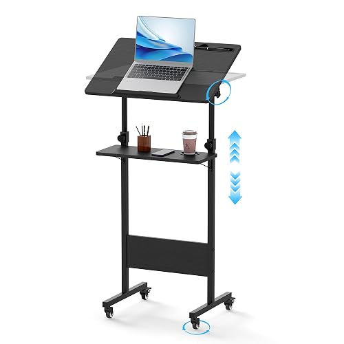 Suuiwau 2-Tier Portable Podium Stand, 42''-50'' Height Adjustable Lectern | Rolling Laptop Stand with Lockable Wheels, Tilting Desktop, Storage Tray, Cup Holder, Mobile Standing Desk for Teaching