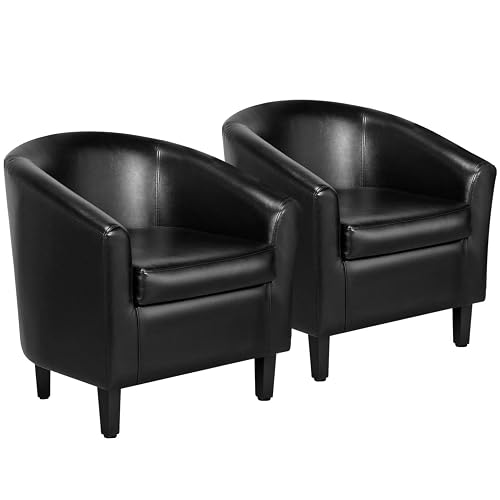 Yaheetech Accent Chairs Set of 2, Faux Leather Barrel Armchairs Black | Water-resistant Faux Leather Chairs with High-density Foam and Solid Wood Legs for Living Room, Waiting Room, Small Space