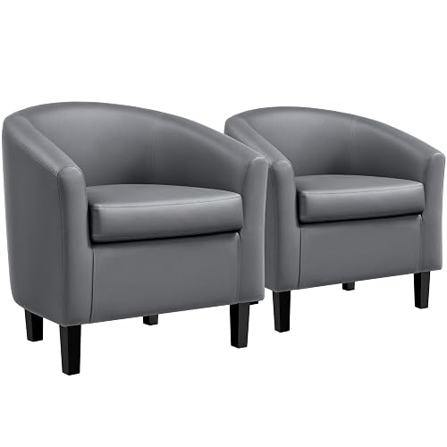 Yaheetech Accent Chairs Set of 2, Faux Leather Barrel Armchairs Gray | Water-resistant Faux Leather Chairs with High-density Foam and Solid Wood Legs for Living Room, Waiting Room, Small Space