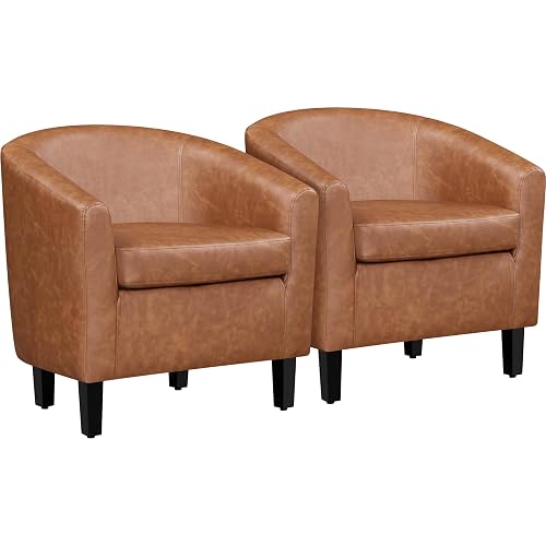 Yaheetech Accent Chairs Set of 2, Faux Leather Barrel Armchairs Brown | Water-resistant Faux Leather Chairs with High-density Foam and Solid Wood Legs for Living Room, Waiting Room, Small Space