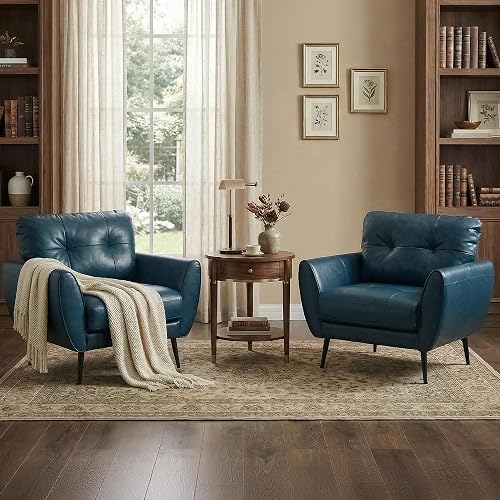 Blue Faux Leather Accent Chairs Set of 2, Tufted Arm Chairs for Living Room | TYBOATLE, Faux Leather Upholstery, Leather Armchairs, Mid-Century Modern, Tufted Look, Reading Chairs, Office, Bedroom, Salon