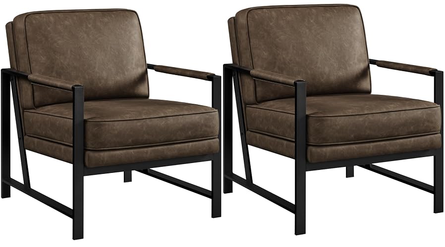 Yaheetech Mid-Century Modern Accent Chairs Set of 2, Brown | Oversized Faux Leather Chair with Soft Cushion, Ergonomic 105° Back, Reading Chair for Living Room, Bedroom and Waiting Room