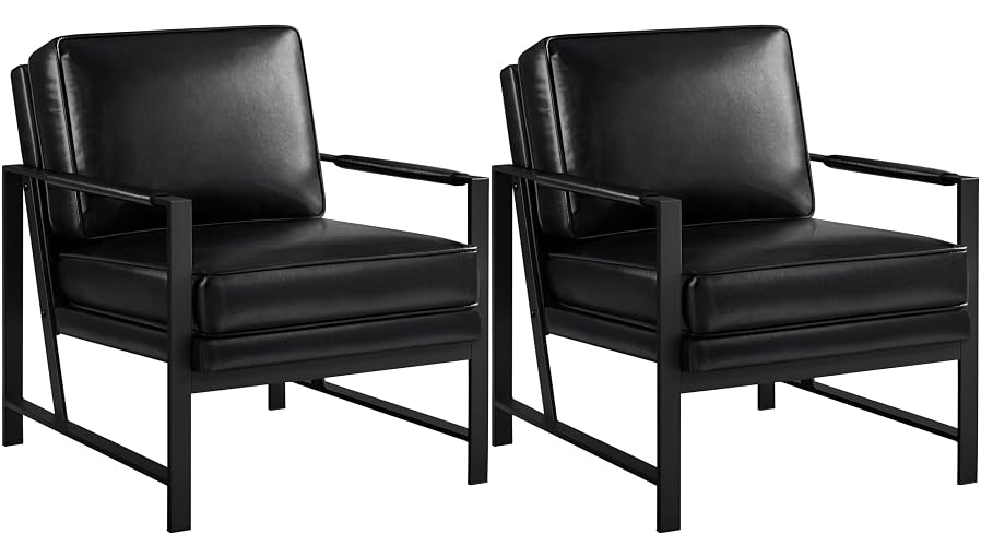 Yaheetech Mid-Century Modern Accent Chairs Set of 2, Black | Oversized Faux Leather Chair with Soft Cushion, Ergonomic 105° Back, Reading Chair for Living Room, Bedroom and Waiting Room