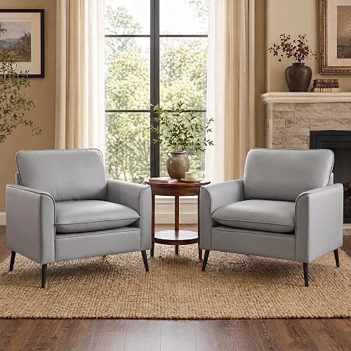TYBOATLE Accent Chairs Set of 2, Faux Leather Arm Chairs (Grey, 2) | Mid Century Modern, Comfy, Cozy, Office, Reading, Reception, Living Room, Waiting Room, Bedroom