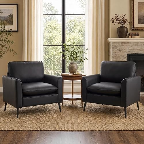 TYBOATLE Accent Chairs Set of 2, Faux Leather Arm Chairs (Black, 2) | Mid Century Modern, Comfy, Cozy, Office, Reading, Reception, Living Room, Waiting Room, Bedroom