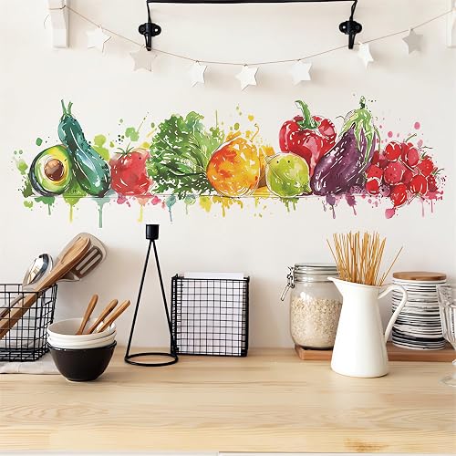sacinora Colorful Fruits Vegetables Painted Wall Stickers Wall Art Decals | Avocado Eggplant Red Pepper Tomato Pear Cherry Removable Vinyl Peel and Stick for Kitchen Bedroom Home Decor