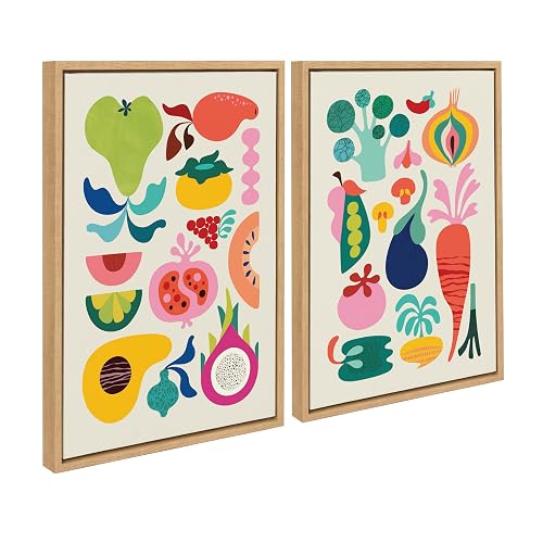 Kate and Laurel Sylvie Modern Fruits and Modern Veggies Framed Canvas Wall Art Set by Rachel Lee, 2 Piece Set 18x24 Natural