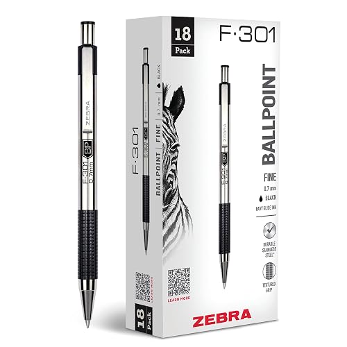 Zebra Pen STEEL F-301 Retractable Ballpoint Pen, Black Ink, 0.7mm, 18-Pack | Stainless Steel Barrel, Non-Slip Grip, Easy-Glide Ink, Fine Point, Professional Design, Ideal for Journals & Planners (27118)
