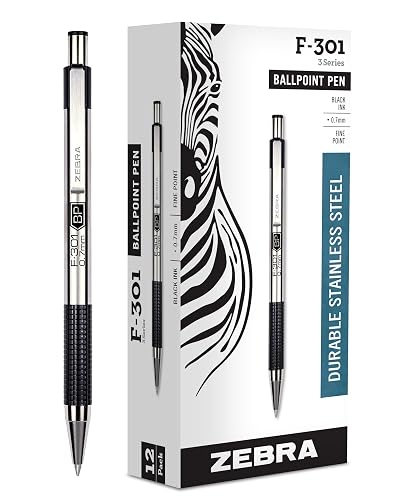 Zebra Pen STEEL F-301 Retractable Ballpoint Pen, Black Ink, 0.7mm, 12-Pack | Stainless Steel Barrel, Non-Slip Grip, Easy-Glide Ink, Fine Point, Professional Design, Ideal for Journals & Planners (27110)