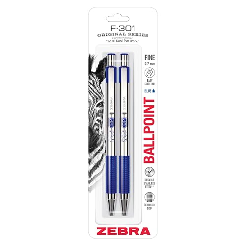 Zebra Pen F-301 STEEL Retractable Ballpoint Pen, Blue Ink, 0.7mm, 2-Pack | Stainless Steel Barrel, Non-Slip Grip, Easy-Glide Ink, Fine Point, Professional Design, Ideal for Journals & Planners (27122)