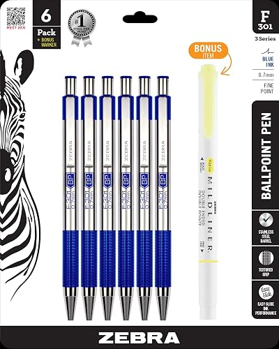 Zebra Pen STEEL F-301 Retractable Ballpoint Pen, Blue Ink, 0.7mm, 6-Pack | Stainless Steel Barrel, Non-Slip Grip, Easy-Glide Ink, Fine Point Tip, Includes a Bonus MILDLINER Highlighter (27193)