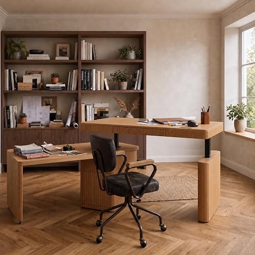 Electric Height Adjustable Standing Desk with 360° Rotating Side Table | 63" L-Shaped Home Office Workstation with Storage, Built-in Charging Port, 450 lbs Weight Capacity, Solid Wood Desktop
