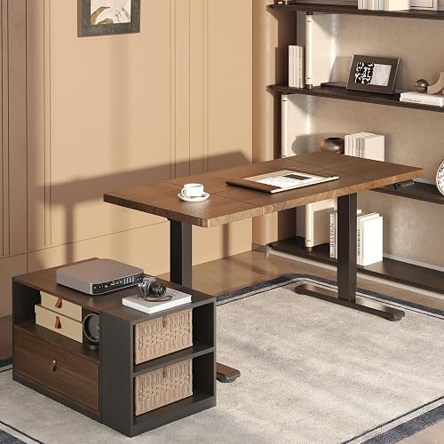 FLEXISPOT 63" L Shaped Standing Desk with Cabinet, Black Walnut | Mobile Cabinet, Spacious Multi-Monitor Workspace, Desk Hook, Cup Holder, Cable Organizer, Cable Holder Clips(3 Packages)