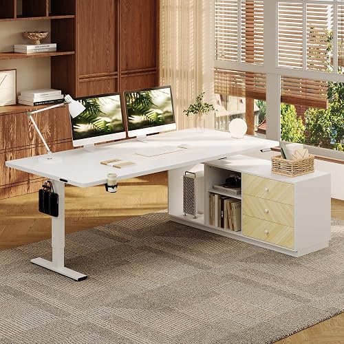 FLEXISPOT 63" L Shaped Standing Desk with Drawers, White | File Cabinet and CPU Stand, Multi-Monitor Workspace, Desk Hook, Cup Holder, Cable Organizer, Cable Holder Clips(3 Packages)