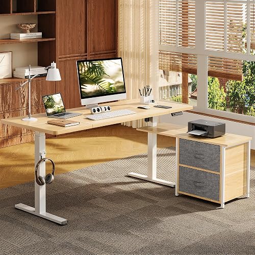 FLEXISPOT L Shaped Standing Desk with Drawers (63 x 28, White Wood Grain) | Spacious Multi-Monitor Workspace, Reversible Design, with Cabinet and Drawers, Hooks and USB Port, home office (2 Packages)
