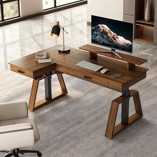 EUREKA ERGONOMIC L Shaped Desk 63", Solid Walnut Wood Top, Executive Standing Desk Adjustable Height, Dual Motor Corner Workstation with Drawers & Monitor Shelf for Home Office, Left