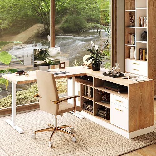 ModernMate 67" L Shaped Executive Standing Desk with Drawer Storage | Electric Adjustable Height Desk, Built-in Power Outlets, 1.18" Thick Desktop, Modular Corner Workstation, White Walnut