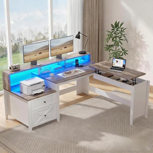 Vagaconl Farmhouse L-Shaped Standing Desk with Power Outlet & LED Lights | Corner Computer Desk w 2 Drawers & Monitor Stand, 58" Rising Office Desk Adjustable Height for Printer Shelf, Brown White