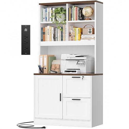Vertical File Cabinet Bookcase with Printer Stand & Charging Station, White | Lockable Filing Cabinet with 2 Drawers for Letter Size, 67.5" Tall Wood File Storage Cabinets with Bookshelf for Home Office