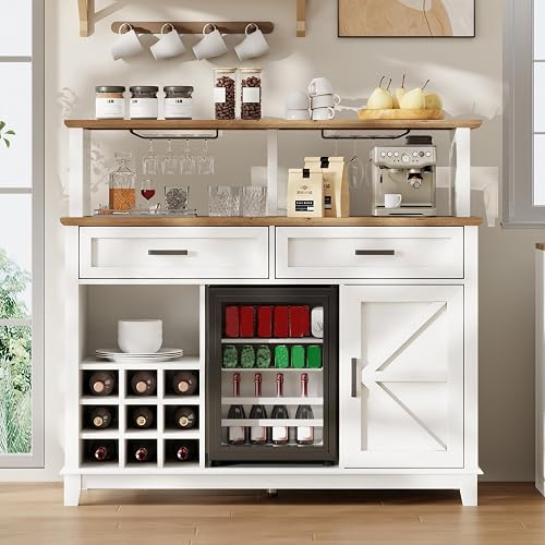 LUXOAK 47" Farmhouse Coffee Bar Cabinet with Beverage Cooler | 15" Mini Refrigerator, Wine Bottle Storage, Glass Rack Holder, Barn Door Design, Dining Room Furniture, White