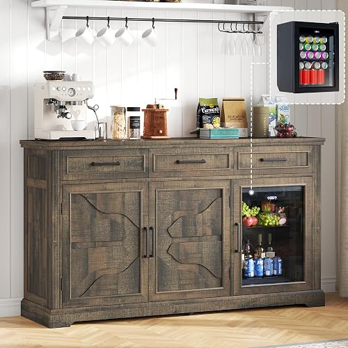 60" Coffee Bar Cabinet with Fridge, Mini Fridge Cabinet, Sideboard Cabinet | Brown Wine Bar Cabinet, 3 Drawers, Beverage Fridge (Included), Farmhouse Style, Adjustable Shelves, Living Room & Dining Room