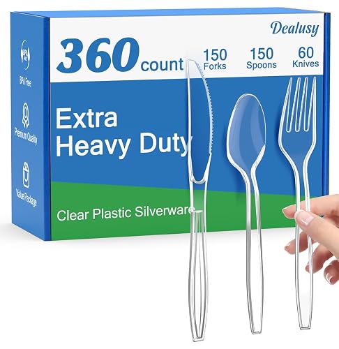 Dealusy 360 Count Extra Heavy Duty Clear Plastic Silverware | 150 Forks, 150 Spoons, 60 Knives, BPA-Free, Heat Resistant, Disposable Plastic Utensils Cutlery Set, Plasticware Bulk