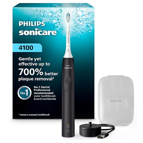 Philips Sonicare 4100 Rechargeable Electric Toothbrush, 1 Brush Head, Black | 700% More Plaque Removal¹, Pressure Sensor, 2 Brush Settings, 14-Day Battery, Includes Brush Head Case, BD5003AZ