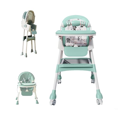 4-in-1 Baby High Chair for Babies & Toddlers, Foldable High Chair with Detachable PU Cushion, Removable Tray, Adjustable Height, Locking Wheels, Mint Green