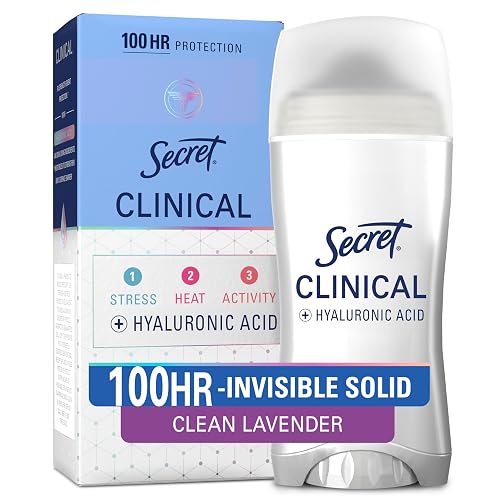 Secret Clinical Strength 100HR Sweat & Odor, Invisible Solid Antiperspirant Deodorant for Women, 3X Stress Protection with Hyaluronic Acid, PH Balanced, Clean Lavender Scent, 2.6 oz
