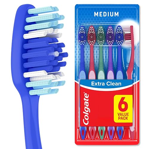 Colgate Extra Clean Medium Toothbrushes, 6 Pack | Bulk Size, Medium Bristles, Extra Clean, Easy Grip Handle, Removes Plaque