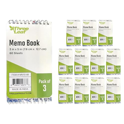 three leaf Memo Book 3X5 Wire Top Bound-3 Ct. - 60 Sheets, Pack Of 12, Total 36 Count, Memobook for School Office Travel Business Supplies, Pocket Notebook, School Mini Note Pads.