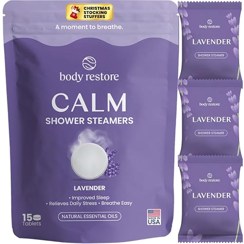 Body Restore Shower Steamers Aromatherapy, Self Care Gifts, Calm 15 Pack | Birthday Gifts for Women & Men, Spa Relaxation & Stress Relief Sleep Care, Lavender Essential Oil Tablets