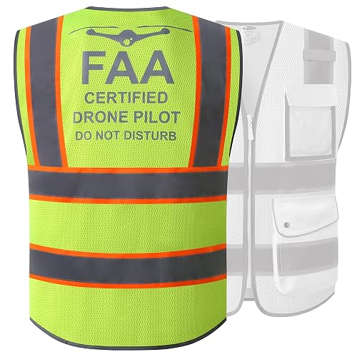 JKSafety Licenced Drone Pilot Reflective Safety Vest JK100FAA Yellow XL | 4 Reflective Strips, 9 Pockets ANSI Class 2 FAA-Compliant Drone Pilot Vest Breathable Mesh for UAV & Field Operations