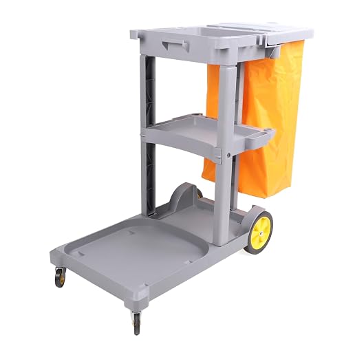 ZAICOLER Commercial Janitorial Cleaning Cart, 3 Tier Rolling Cart | 3 Tier Storage Shelves, Front Bucket Platform, Broom Hooks, Trash Bag with Lid & 360 Swivel Wheels for Hotel Housekeeping