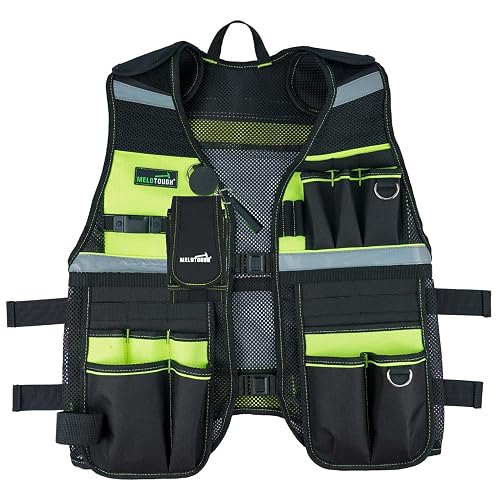 MELOTOUGH Tool Vest Reflective Safety Tool Vest with Removable Phone Holder,Retractable Pen Holder for Electrician,Carpenters,Construction(Lime)