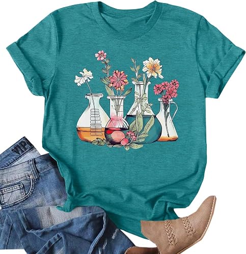 Science Teacher Shirt Women Floral Beakers Graphic Tee Chemistry Teacher Shirt Lab Gift Scientist Laboratory Tops