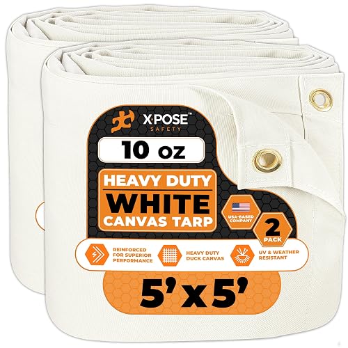 Xpose Safety Canvas Tarp - 10oz White Canvas Tarps Heavy Duty Water Resistant with Brass Grommets- Multipurpose Outdoor Tarpaulin for Camping, Canopy, Trailer, Equipment Cover 5' x 5' (2 Pack)
