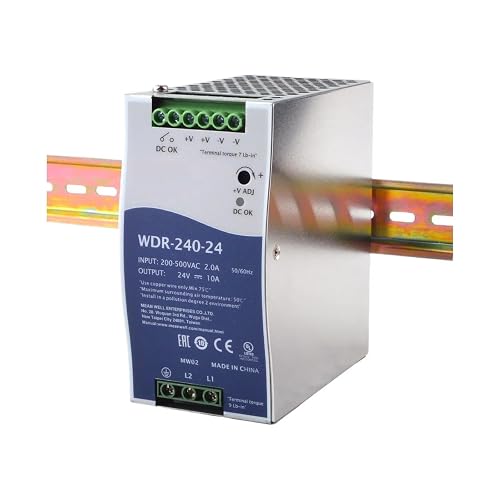 WDR-240-24 240W 24V 10A DIN Rail Power Supply - 91% High Efficiency, Active PFC, Compact Design for Light Load Industrial Control and Automation - 180-550VAC Input, Reliable