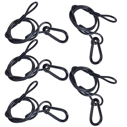 Sarknoah. 0.2'' (5mm),Black Galvanized Stage Lighting Safety Cable With Carabiner Lock,265lb(120KG) Load,Longth 30'' .Fall Protection for Stage Lights, DJ Equipment And Rigging.Pack of 5.