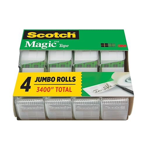 Scotch Magic Tape Dispenser, 4 Jumbo Rolls, 3/4” x 850”, 3400” Total | Invisible Tape with 100s of Uses for Home, Office Supplies, Teacher School Supplies, Labeling, Repairs, and Everyday Projects