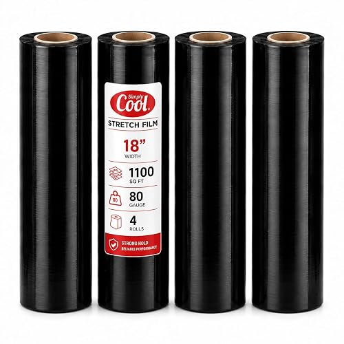 Simply Cool 4 Pack 18 Inch Shrink Wrap 80 Gauge Plastic Wrap Black | Heavy Duty Industrial Strength Stretch Wrap for Moving Boxes, Furniture, Pallet and Moving Supplies Packing Stretch Film