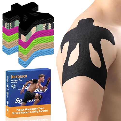 KTQUICK Precut Kinesiology Tape for Shoulders, 24PCS, 20% Stronger Adhesive | Black, Fox Designed Shoulder Tape with Premium Cotton, Breathable, Waterproof, Latex-Free Athletic Tape for Sports