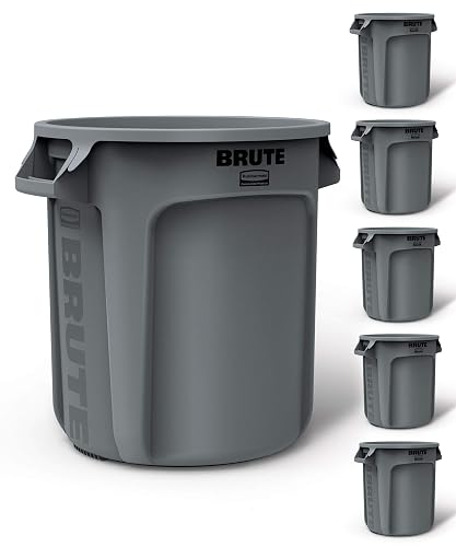 Rubbermaid Commercial Products BRUTE Trash Can, Gray, 10-Gal, Pack of 6 | Heavy-Duty Round Garbage Can, Vented Container, Outdoor Waste Container for Landscapers/Construction/Restaurants/Warehouses